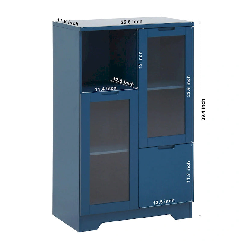 Blue Floor Cabinet with 2 Glass Doors for Home Storage