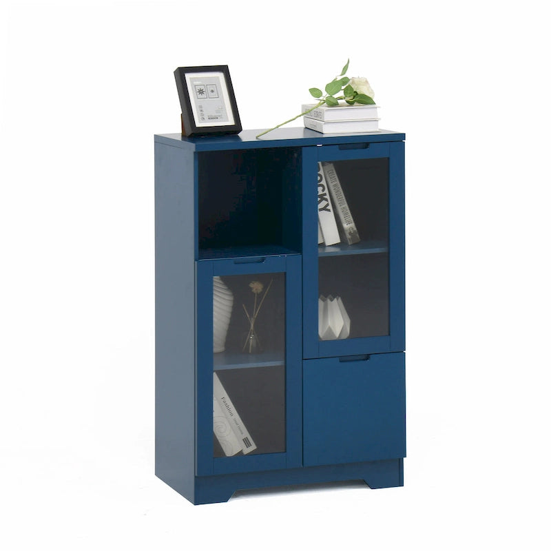 Blue Floor Cabinet with 2 Glass Doors for Home Storage