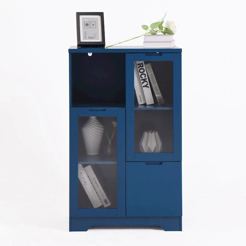 Blue Floor Cabinet with 2 Glass Doors for Home Storage