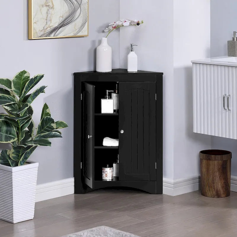 White Corner Storage Cabinet with Doors and Adjustable Shelves