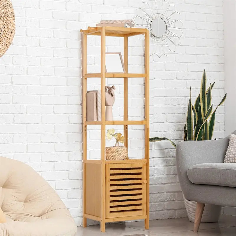 Natural Wood 3-Tier Bamboo Storage Cabinet - Tall Slim Design for Bathroom and Kitchen
