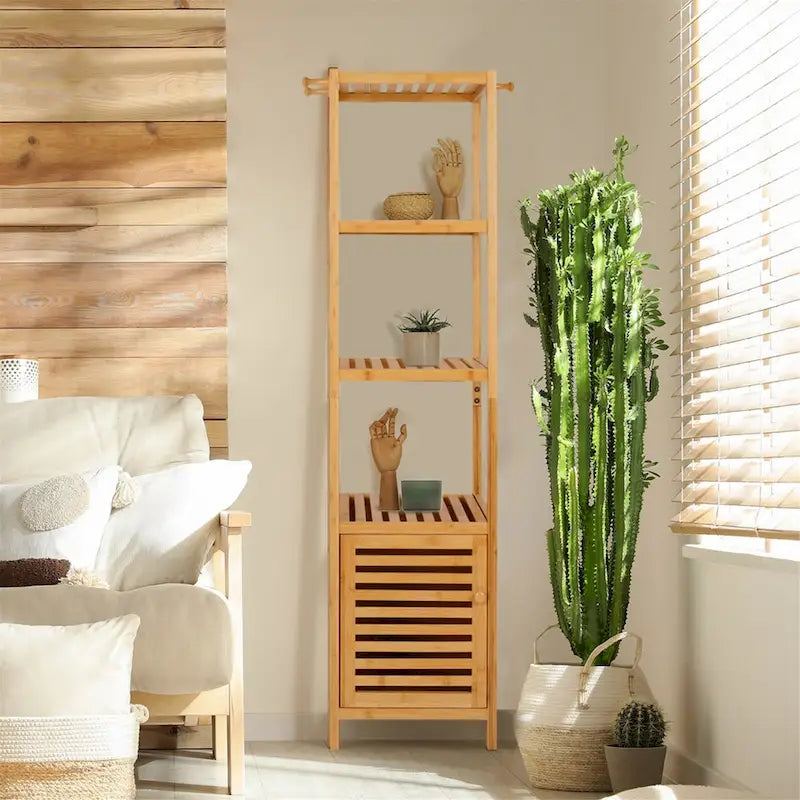 Natural Wood 3-Tier Bamboo Storage Cabinet - Tall Slim Design for Bathroom and Kitchen