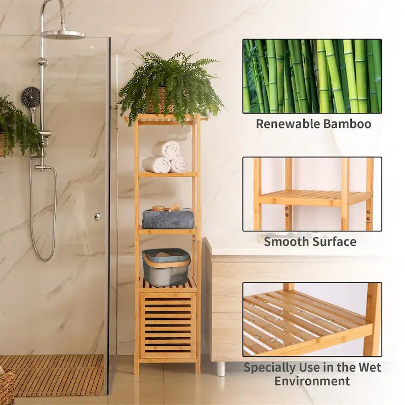 Natural Wood 3-Tier Bamboo Storage Cabinet - Tall Slim Design for Bathroom and Kitchen