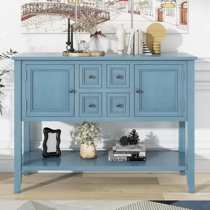 Dark Blue 4-Drawer Sideboard Cabinet with Storage Shelf