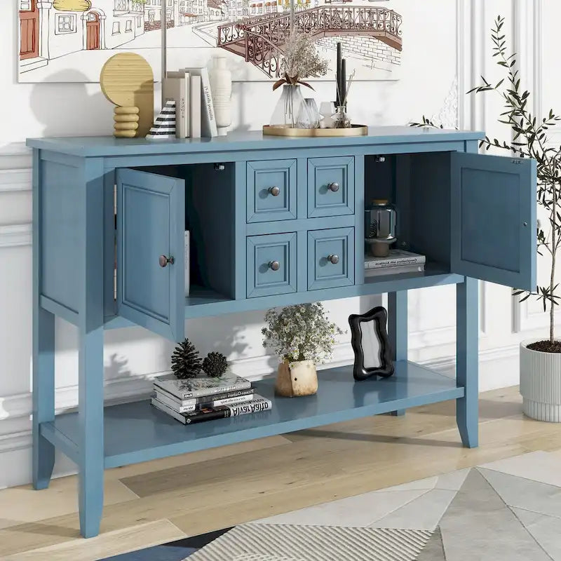 Dark Blue 4-Drawer Sideboard Cabinet with Storage Shelf